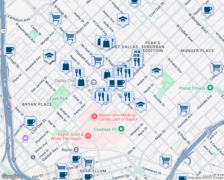 map of restaurants, bars, coffee shops, grocery stores, and more near 912 North Haskell Avenue in Dallas