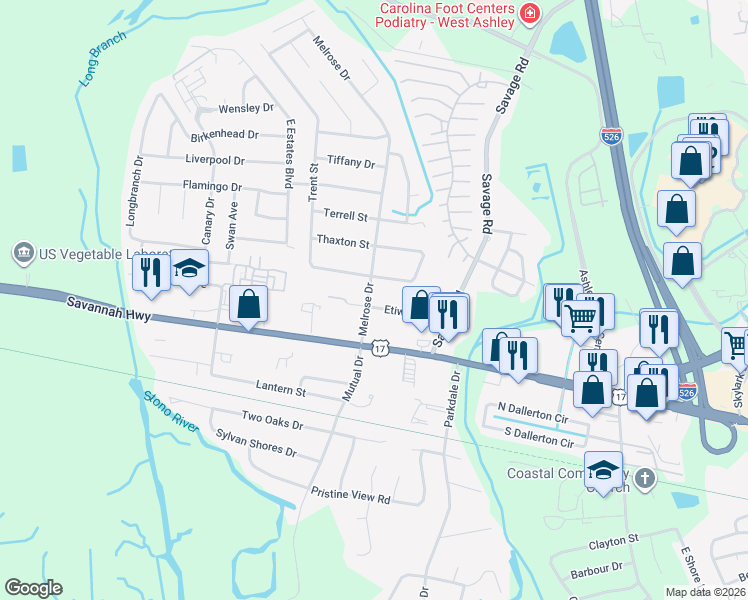 map of restaurants, bars, coffee shops, grocery stores, and more near 2350 Etiwan Avenue in Charleston