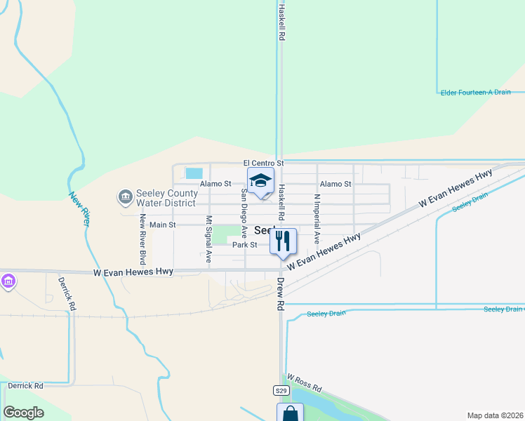 map of restaurants, bars, coffee shops, grocery stores, and more near 1815 Rio Vista Street in Seeley