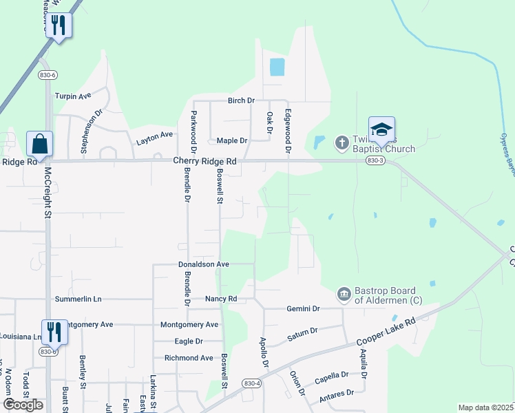 map of restaurants, bars, coffee shops, grocery stores, and more near 6250 Winchester Drive in Bastrop