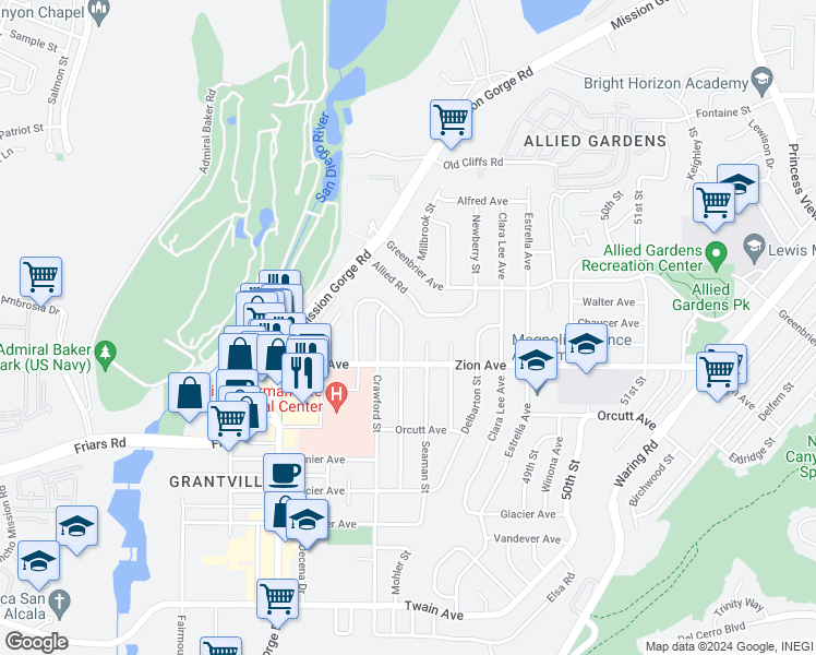 map of restaurants, bars, coffee shops, grocery stores, and more near 6651 Burgundy Street in San Diego