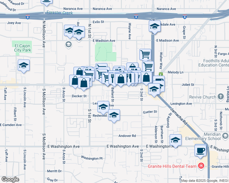 map of restaurants, bars, coffee shops, grocery stores, and more near 187 Ballard Street in El Cajon