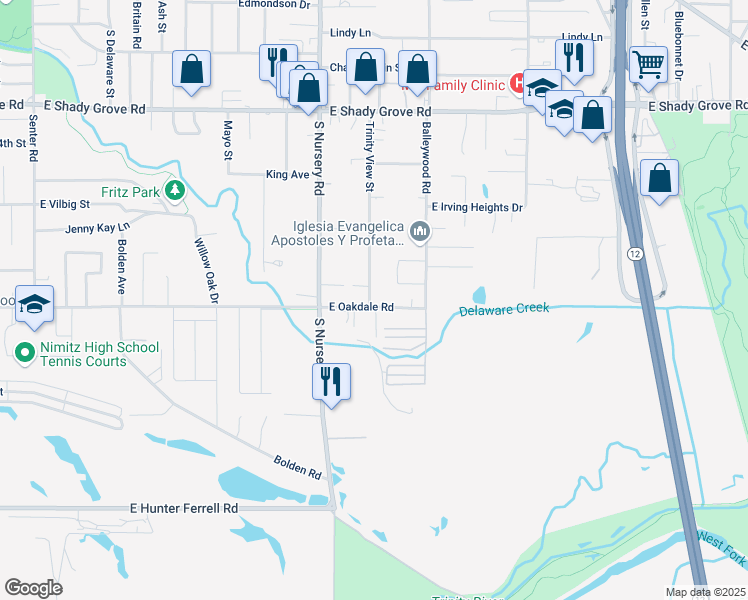 map of restaurants, bars, coffee shops, grocery stores, and more near 1633 Trinity View Street in Irving