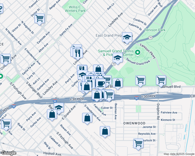 map of restaurants, bars, coffee shops, grocery stores, and more near 5623 East Grand Avenue in Dallas