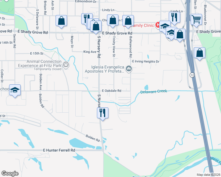 map of restaurants, bars, coffee shops, grocery stores, and more near 1633 Trinity View Street in Irving