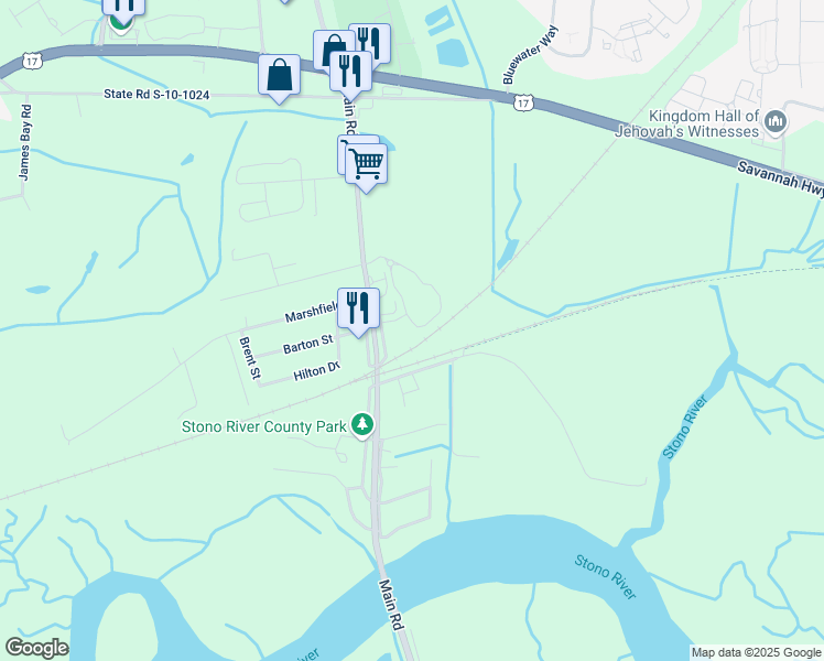 map of restaurants, bars, coffee shops, grocery stores, and more near 250 Hoggard Lane in Johns Island