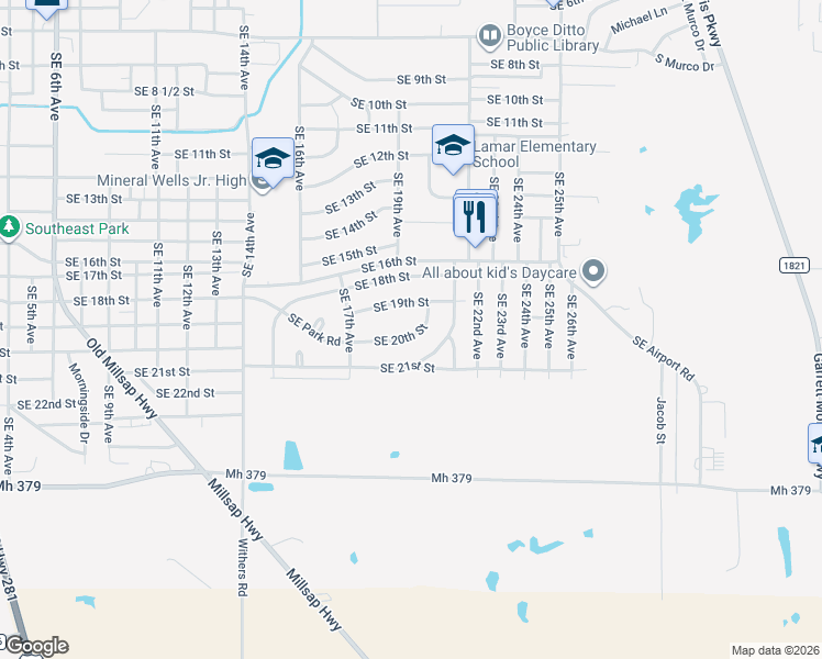 map of restaurants, bars, coffee shops, grocery stores, and more near 1915 Southeast 20th Street in Mineral Wells