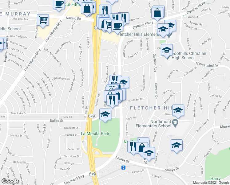 map of restaurants, bars, coffee shops, grocery stores, and more near 9160 Fletcher Parkway in La Mesa