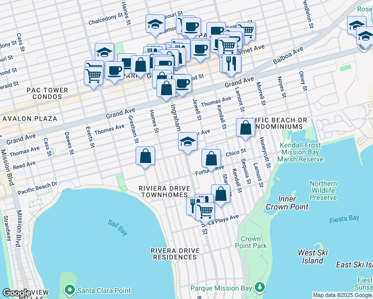 map of restaurants, bars, coffee shops, grocery stores, and more near 4109 Ingraham Street in San Diego