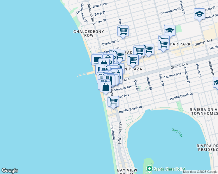 map of restaurants, bars, coffee shops, grocery stores, and more near 4340 Mission Boulevard in San Diego