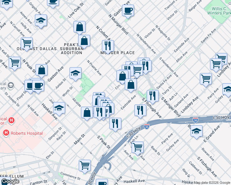 map of restaurants, bars, coffee shops, grocery stores, and more near 4717 Columbia Avenue in Dallas