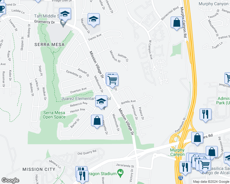map of restaurants, bars, coffee shops, grocery stores, and more near 2677 Marathon Drive in San Diego