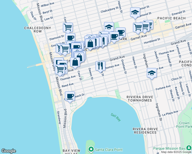 map of restaurants, bars, coffee shops, grocery stores, and more near 1170 Reed Avenue in San Diego