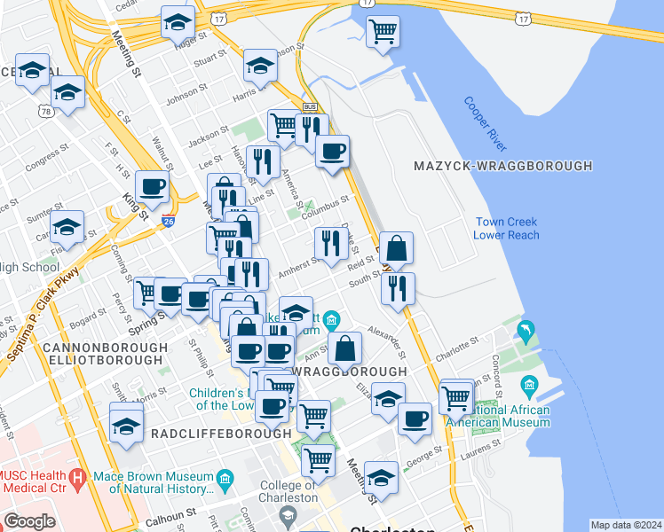 map of restaurants, bars, coffee shops, grocery stores, and more near 58 America Street in Charleston