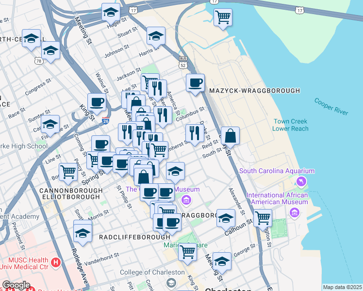map of restaurants, bars, coffee shops, grocery stores, and more near 18 Hanover Street in Charleston
