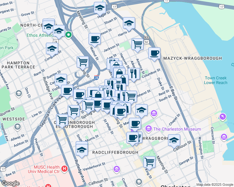 map of restaurants, bars, coffee shops, grocery stores, and more near 441 Meeting Street in Charleston