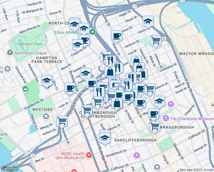 map of restaurants, bars, coffee shops, grocery stores, and more near 259 Saint Philip Street in Charleston