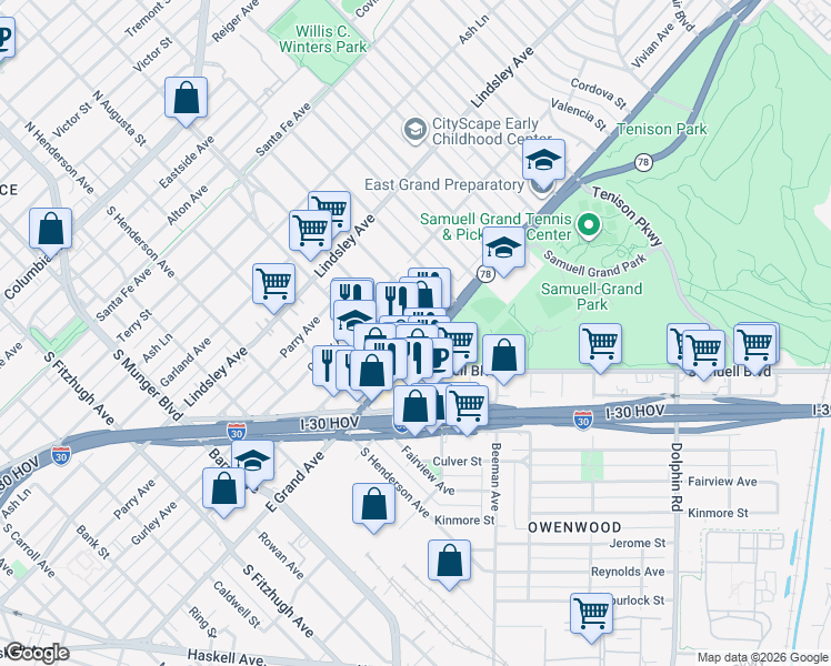 map of restaurants, bars, coffee shops, grocery stores, and more near in Dallas