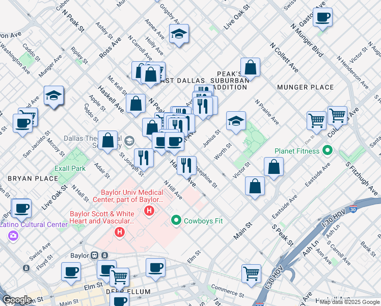 map of restaurants, bars, coffee shops, grocery stores, and more near 4130 Gaston Avenue in Dallas