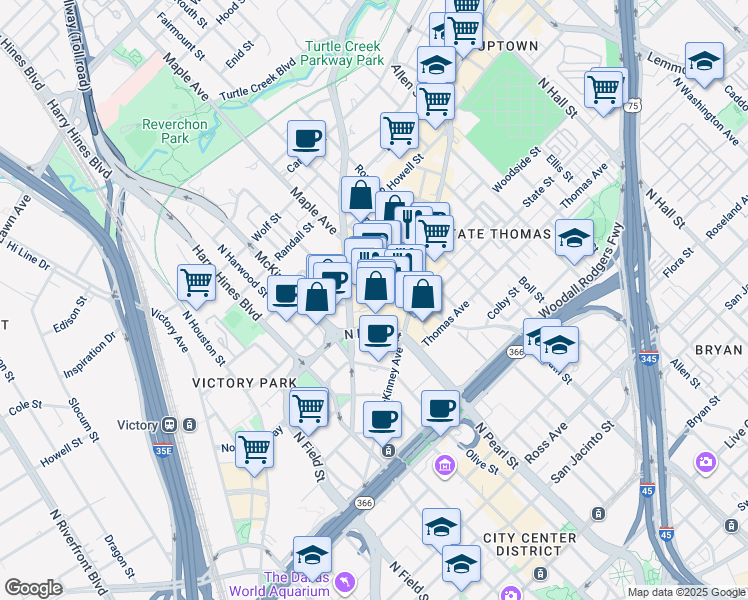 map of restaurants, bars, coffee shops, grocery stores, and more near 200 Crescent Court in Dallas