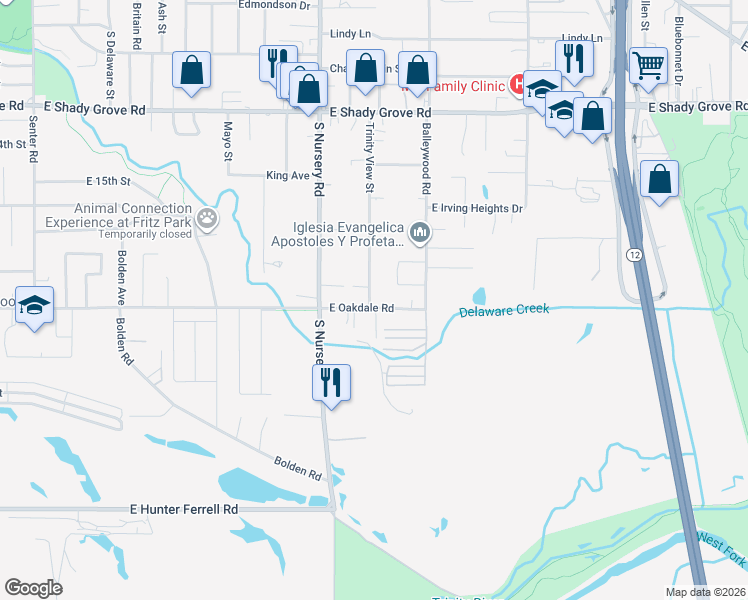 map of restaurants, bars, coffee shops, grocery stores, and more near 1633 Trinity View Street in Irving
