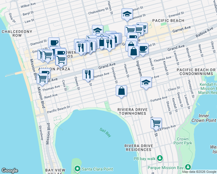 map of restaurants, bars, coffee shops, grocery stores, and more near 1319 Reed Avenue in San Diego