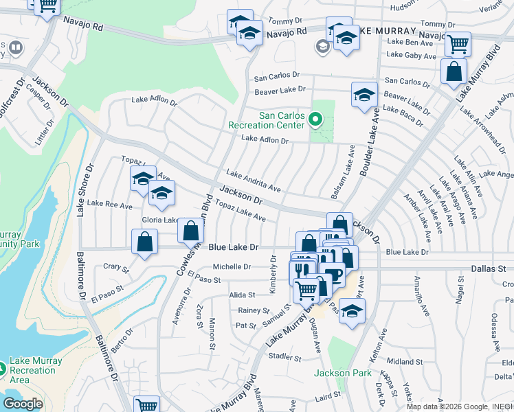 map of restaurants, bars, coffee shops, grocery stores, and more near 6662 Jackson Drive in San Diego