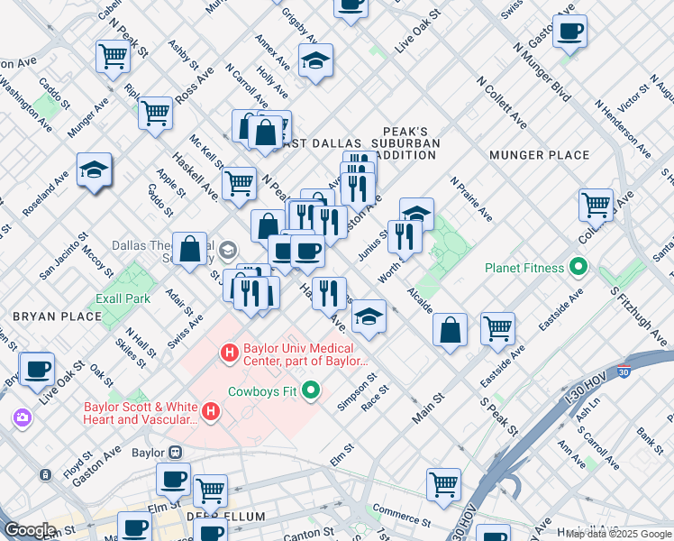 map of restaurants, bars, coffee shops, grocery stores, and more near 4209 Junius Street in Dallas