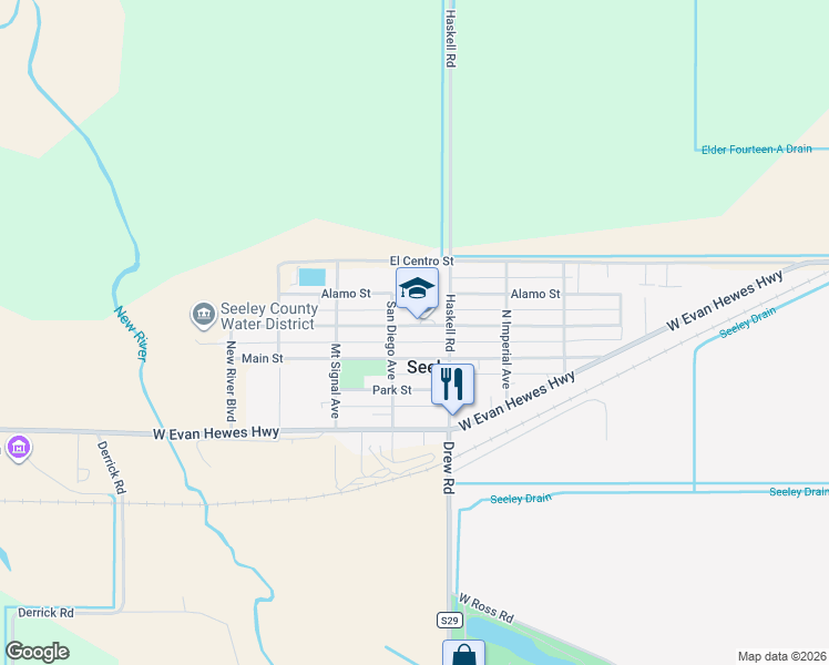 map of restaurants, bars, coffee shops, grocery stores, and more near 1815 Rio Vista Street in Seeley