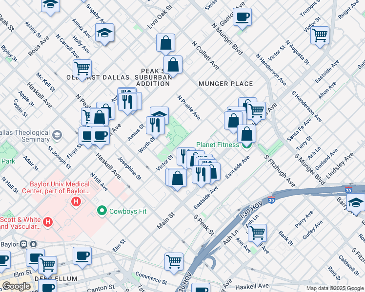 map of restaurants, bars, coffee shops, grocery stores, and more near 4526 Victor Street in Dallas