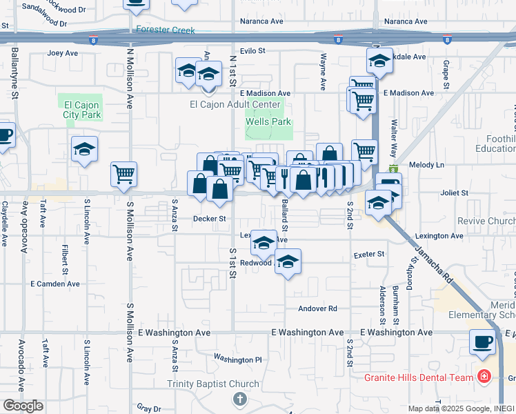 map of restaurants, bars, coffee shops, grocery stores, and more near 1143 E Main St in El Cajon