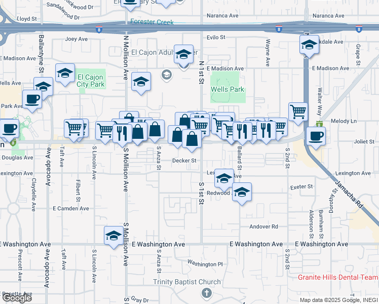 map of restaurants, bars, coffee shops, grocery stores, and more near 1055 Main in El Cajon