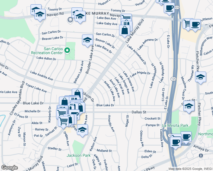 map of restaurants, bars, coffee shops, grocery stores, and more near 6363 Lake Albano Avenue in San Diego