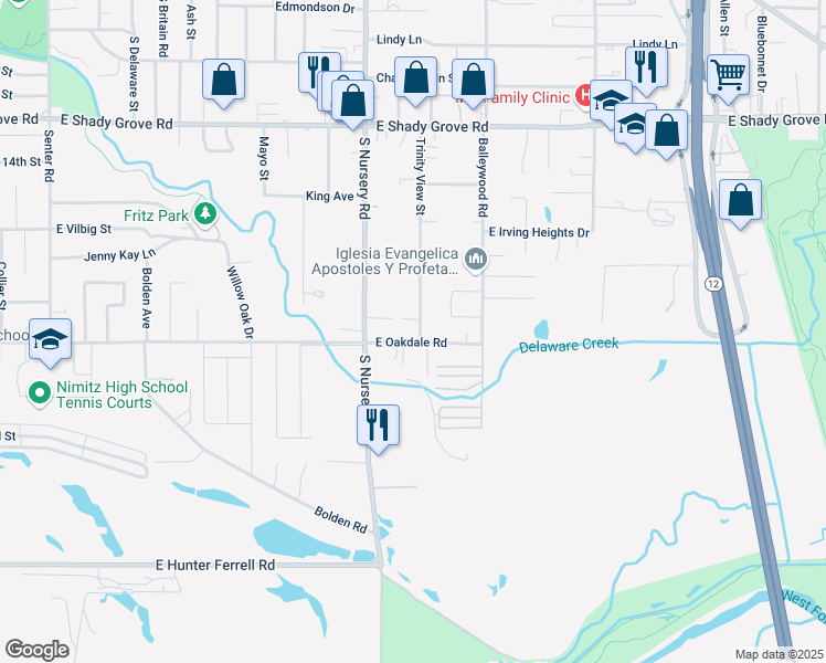map of restaurants, bars, coffee shops, grocery stores, and more near 1633 Trinity View Street in Irving