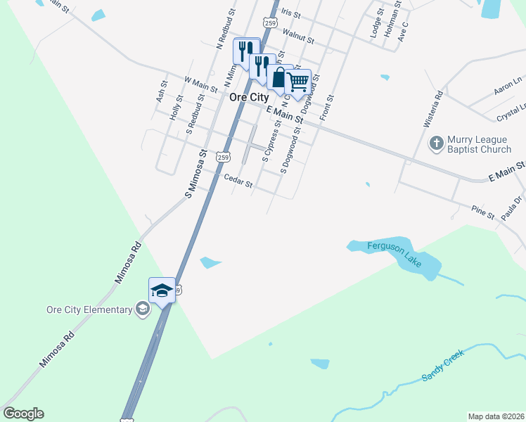 map of restaurants, bars, coffee shops, grocery stores, and more near 505 Cypress Street in Ore City