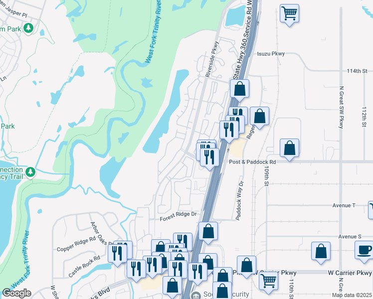 map of restaurants, bars, coffee shops, grocery stores, and more near 2810 Riverside Parkway in Grand Prairie
