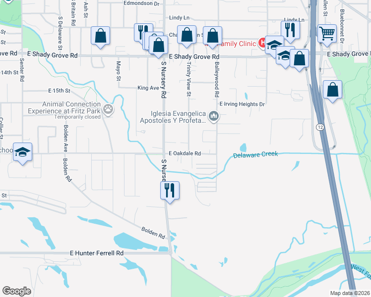 map of restaurants, bars, coffee shops, grocery stores, and more near 1633 Trinity View Street in Irving