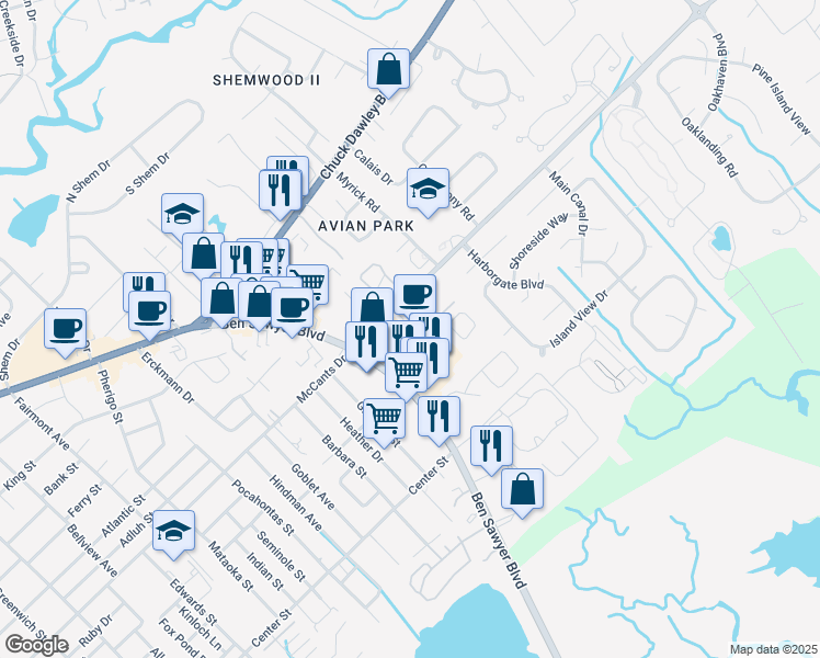 map of restaurants, bars, coffee shops, grocery stores, and more near 1025 Rifle Range Road in Mount Pleasant