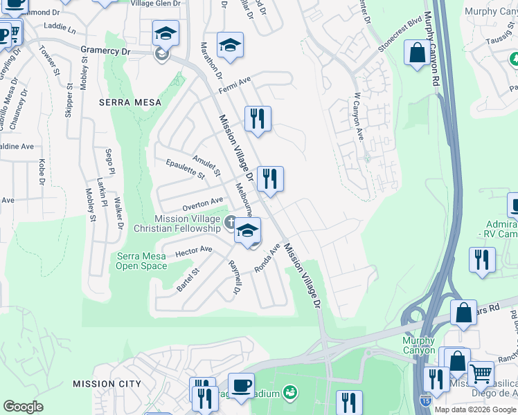 map of restaurants, bars, coffee shops, grocery stores, and more near 2696 Mission Village Drive in San Diego