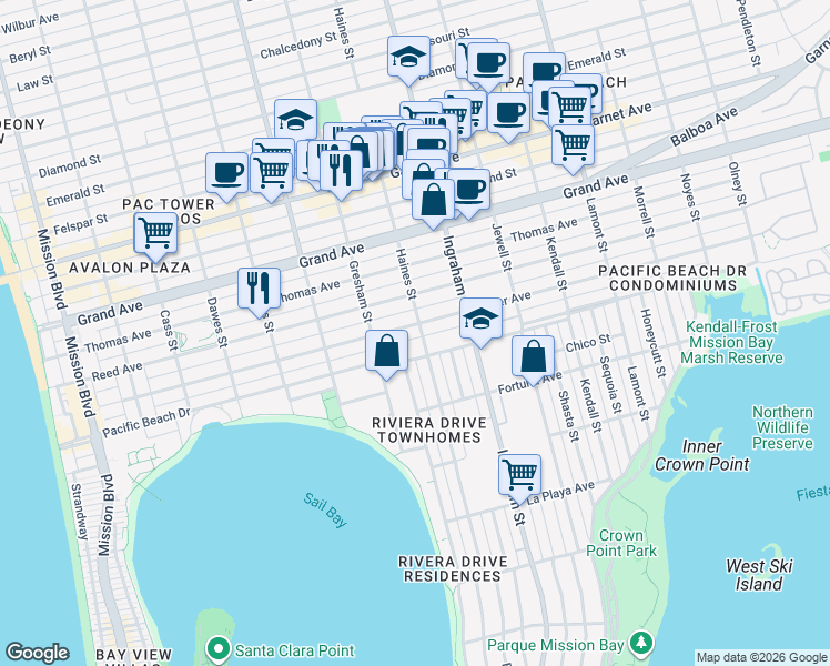 map of restaurants, bars, coffee shops, grocery stores, and more near 1477 Oliver Avenue in San Diego