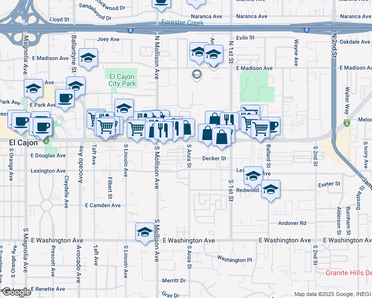 map of restaurants, bars, coffee shops, grocery stores, and more near 150 South Anza Street in El Cajon