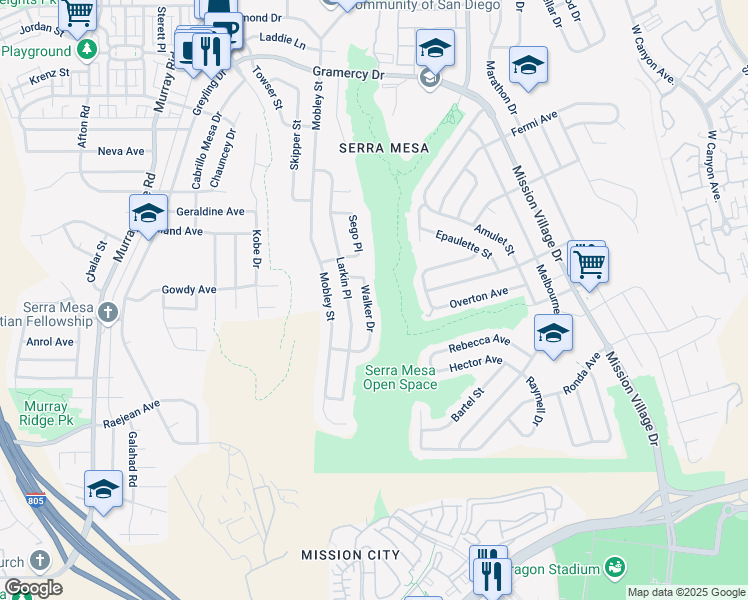 map of restaurants, bars, coffee shops, grocery stores, and more near 2842 Walker Drive in San Diego