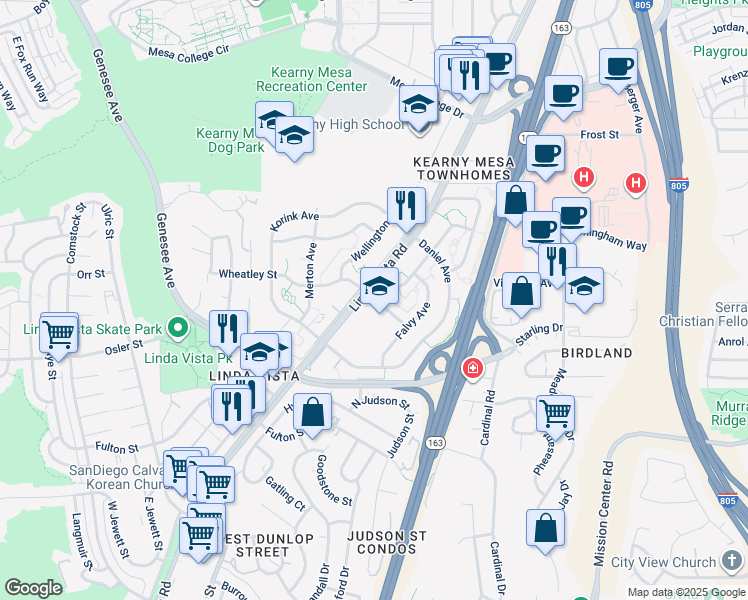 map of restaurants, bars, coffee shops, grocery stores, and more near 7405 Daniel Avenue in San Diego