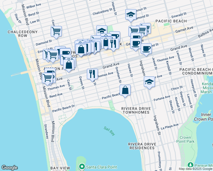 map of restaurants, bars, coffee shops, grocery stores, and more near 1239 Reed Avenue in San Diego