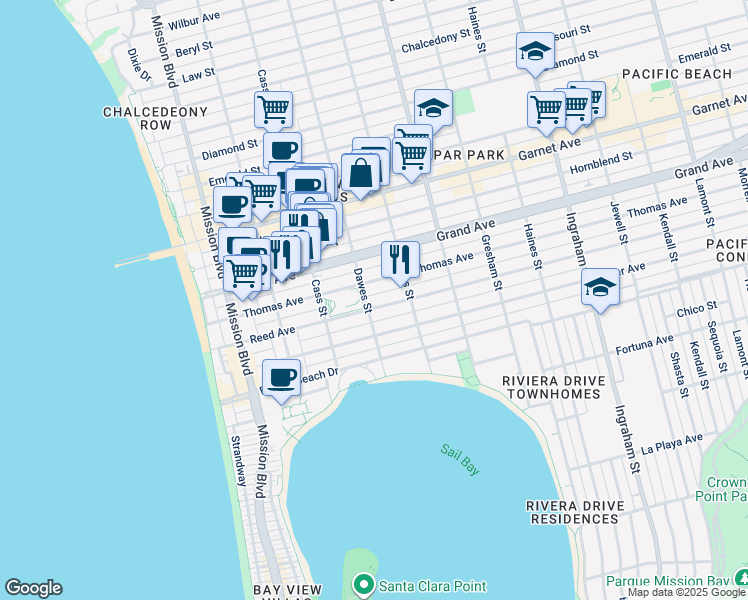 map of restaurants, bars, coffee shops, grocery stores, and more near 4275 Dawes Street in San Diego