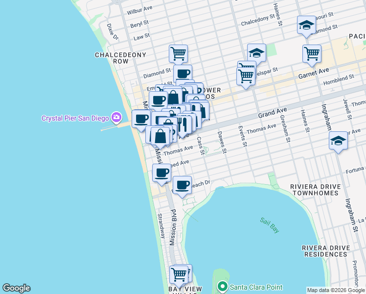 map of restaurants, bars, coffee shops, grocery stores, and more near 930 Thomas Avenue in San Diego