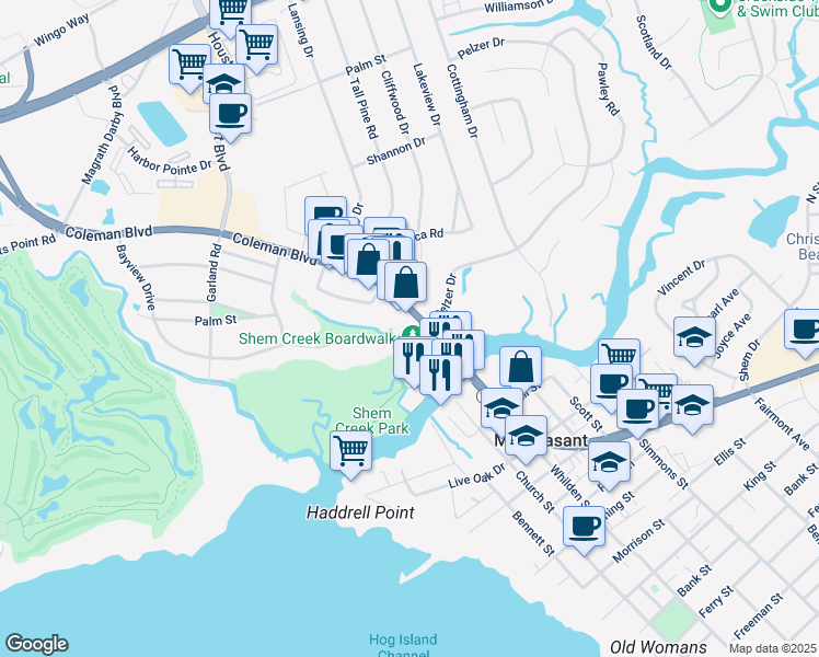 map of restaurants, bars, coffee shops, grocery stores, and more near in Mount Pleasant