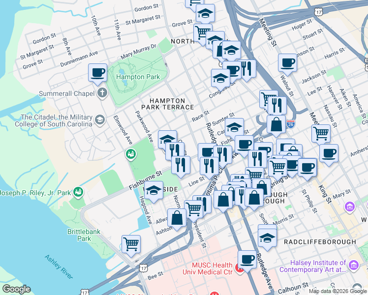 map of restaurants, bars, coffee shops, grocery stores, and more near 319 Ashley Avenue in Charleston