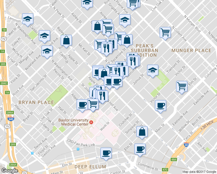 map of restaurants, bars, coffee shops, grocery stores, and more near 912 North Haskell Avenue in Dallas