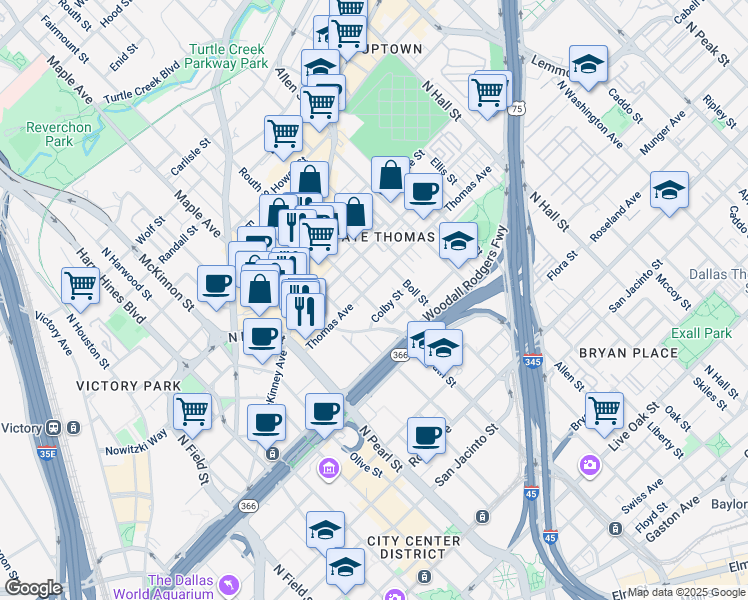 map of restaurants, bars, coffee shops, grocery stores, and more near 2600 Thomas Avenue in Dallas